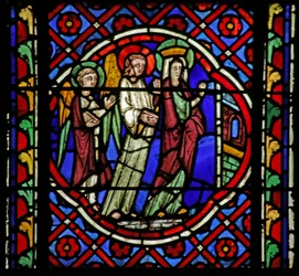 Vidriera que representa una escena de la vida de San Bonnet: la Virgen María y dos ángeles apareciendo a San Bonnet
